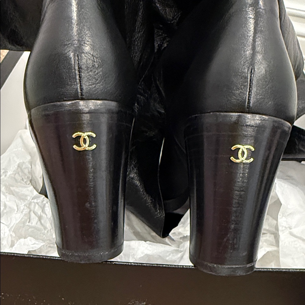 Chanel Lace-Up Ankle Boots Bow Wrap Black Leather Cap Toe Heeled Booties 37.5 - Picture 10 of 12